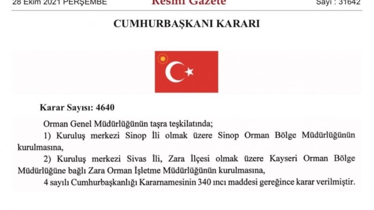 Sinop Orman Bölge Müdürlüğü kuruldu