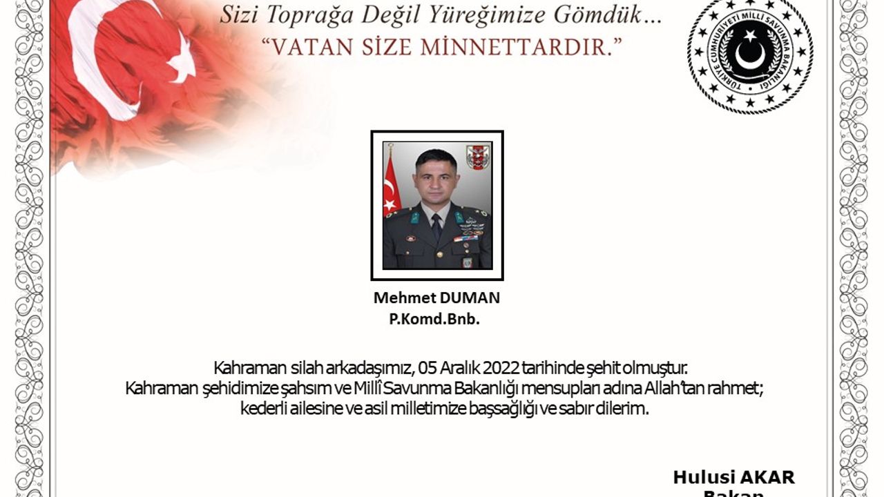 Komando Binbaşı Mehmet Duman şehit oldu