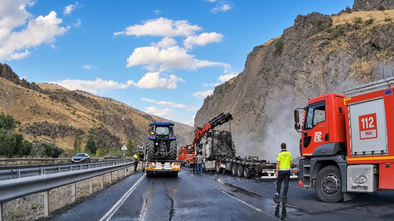 Hayvan yemi taşıyan tır kara yolunda alev aldı