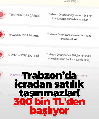 Trabzon’da icradan satılık taşınmazlar! 300 bin TL'den başlıyor