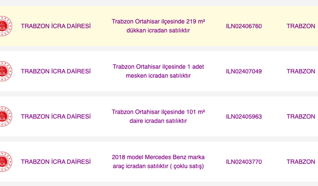 Trabzon’da icradan daireler, dükkanlar ve lüks araçlar açık artırmada!