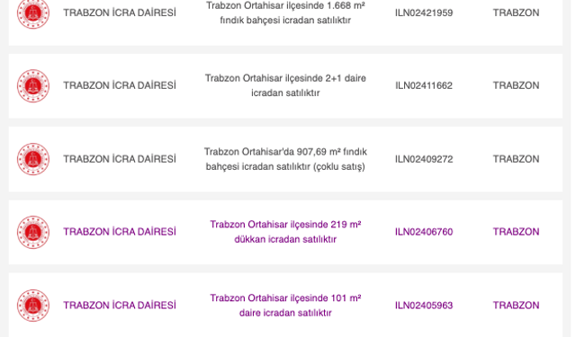 Trabzon’da icradan satılık taşınmazlar! 300 bin TL'den başlıyor