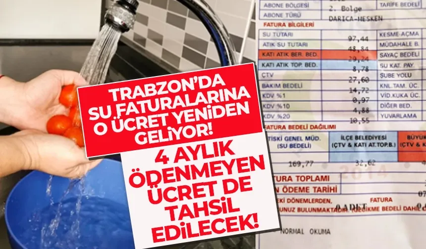 Trabzon'da su faturalarına o ücret yeniden geldi! 4 aylık ücret de alınacak...